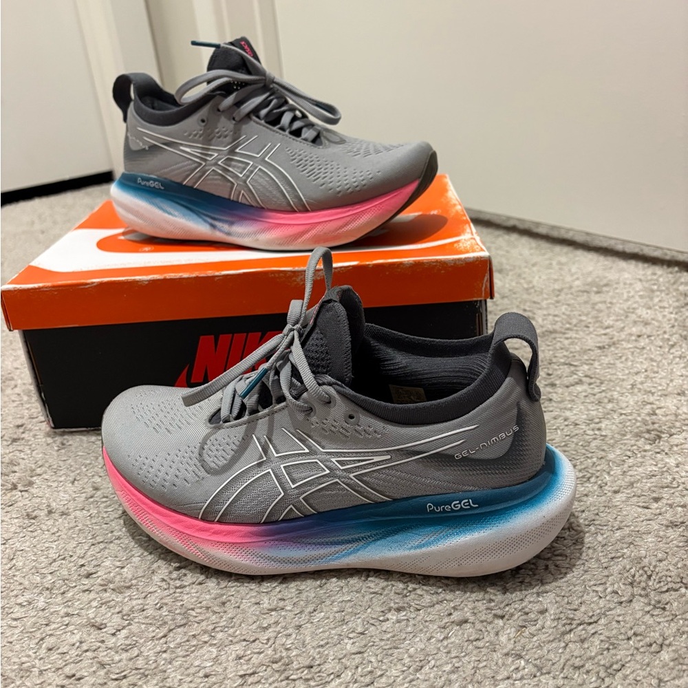 Asics Gray Sneakers with Pink and Blue Gradient Sole